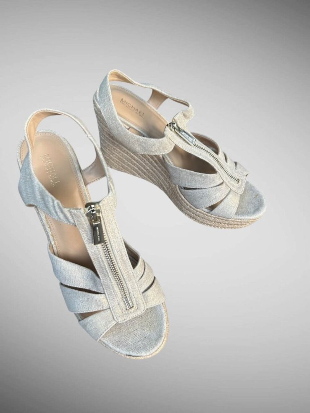 MICHAEL Michael Kors Berkeley Gold Shimmer Linen Zip Up Wedge Sandals Size 10